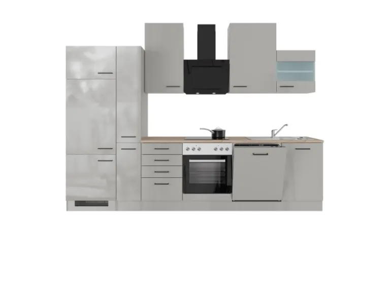 Flex-Well Exclusiv Küchenzeile Lund 310 cm Lichtgrau glänzend-Rauchgrau