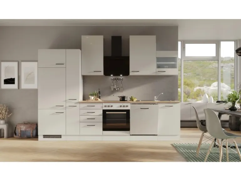 Flex-Well Exclusiv Küchenzeile Lund 310 cm Lichtgrau glänzend-Rauchgrau