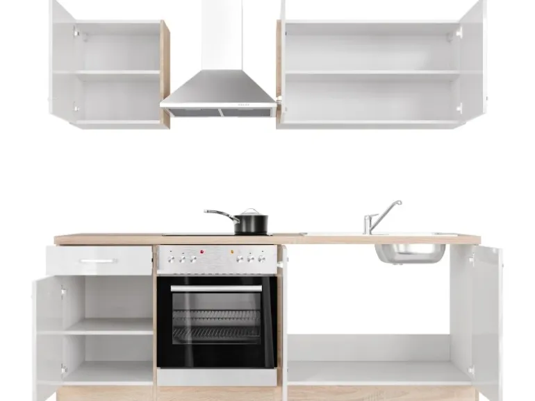 Flex-Well Exclusiv Küchenzeile Valero 210 cm Hochglanz Weiß - Sonoma Eiche