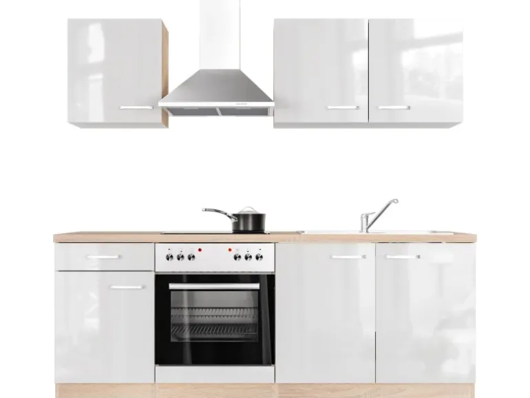 Flex-Well Exclusiv Küchenzeile Valero 210 cm Hochglanz Weiß - Sonoma Eiche