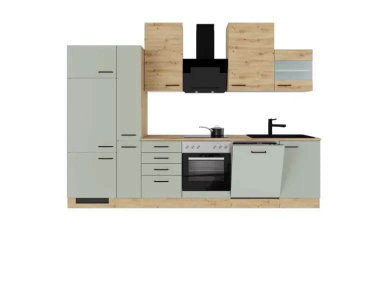 Flex-Well Exclusiv Küchenzeile Cara 310 cm Schilfgrün matt - Artisan Eiche