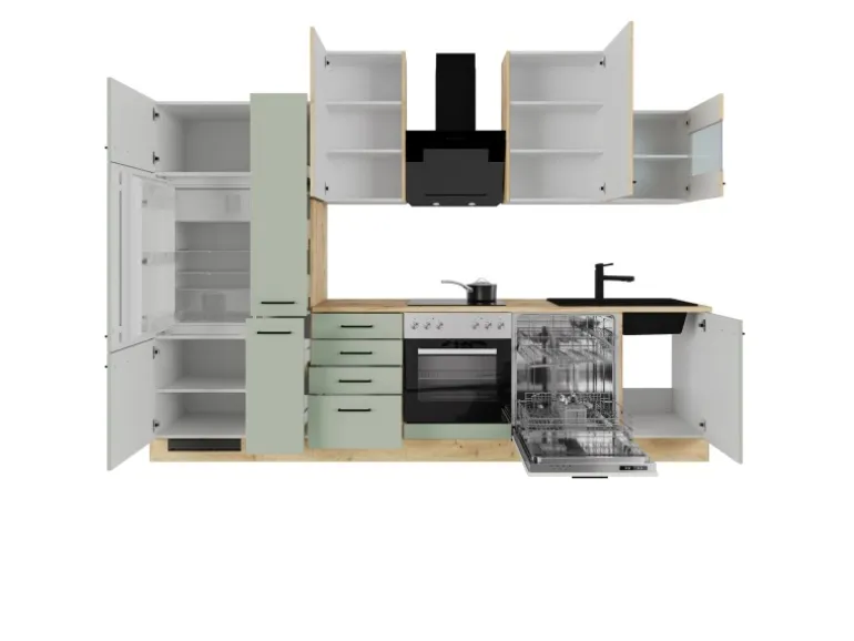Flex-Well Exclusiv Küchenzeile Cara 310 cm Schilfgrün matt - Artisan Eiche