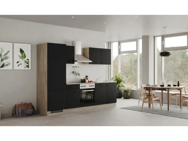 Flex-Well Exclusiv Küchenzeile Capri 270 cm Schwarz Matt-Endgrain Oak
