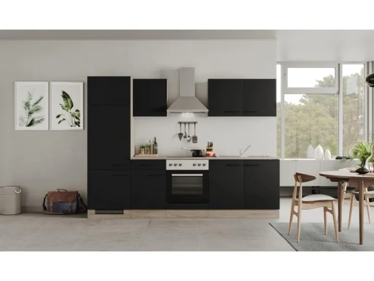 Flex-Well Exclusiv Küchenzeile Capri 270 cm Schwarz Matt-Endgrain Oak