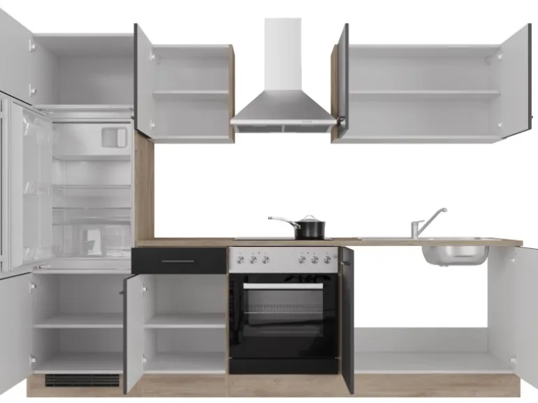 Flex-Well Exclusiv Küchenzeile Capri 270 cm Schwarz Matt-Endgrain Oak