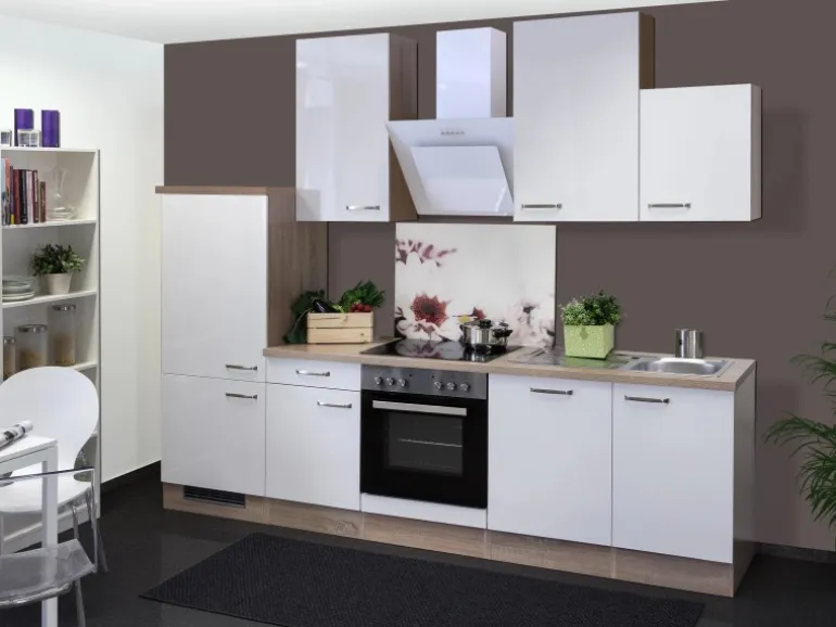 Flex-Well Exclusiv Küchenzeile Valero 280 cm Hochglanz Weiß-Sonoma Eiche