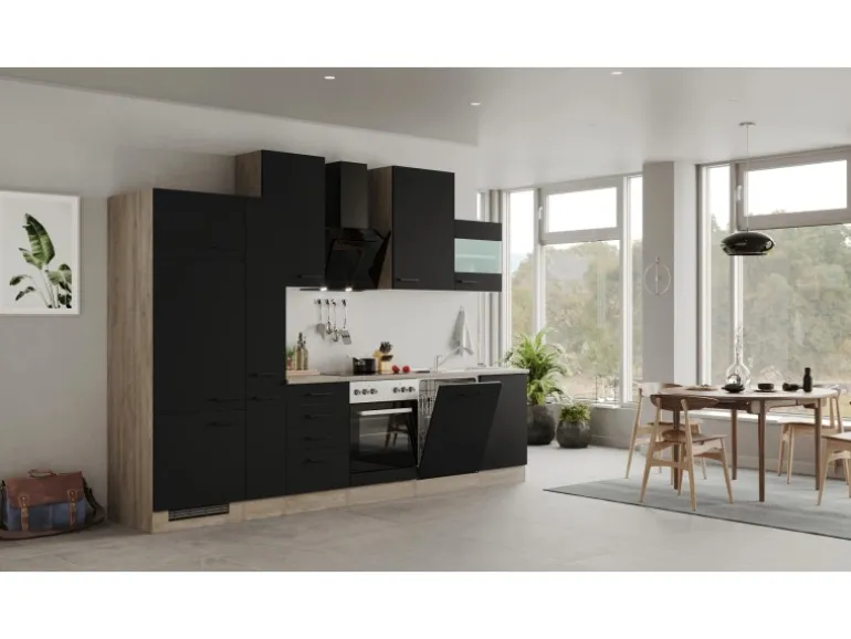 Flex-Well Exclusiv Küchenzeile Capri 310 cm Schwarz Matt-Endgrain Oak