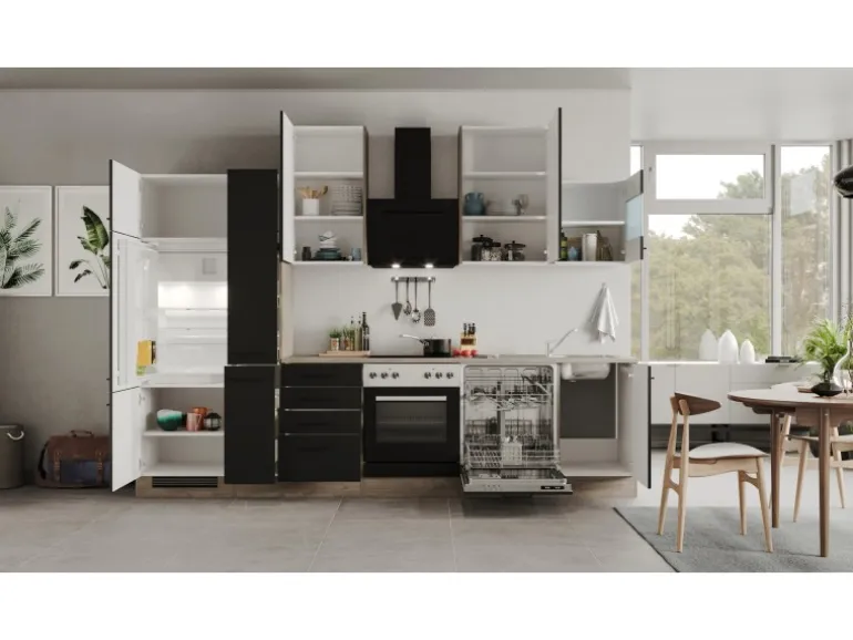Flex-Well Exclusiv Küchenzeile Capri 310 cm Schwarz Matt-Endgrain Oak