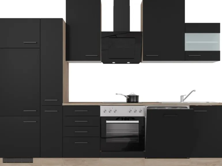 Flex-Well Exclusiv Küchenzeile Capri 310 cm Schwarz Matt-Endgrain Oak