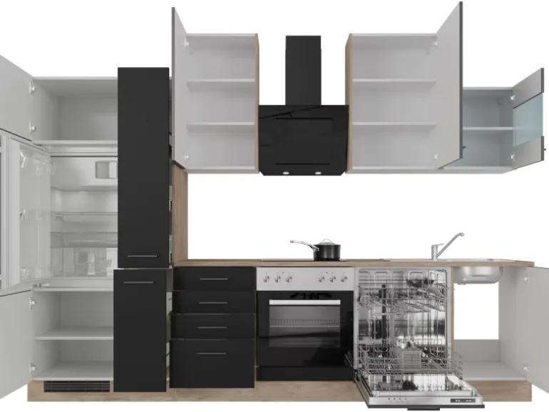 Flex-Well Exclusiv Küchenzeile Capri 310 cm Schwarz Matt-Endgrain Oak