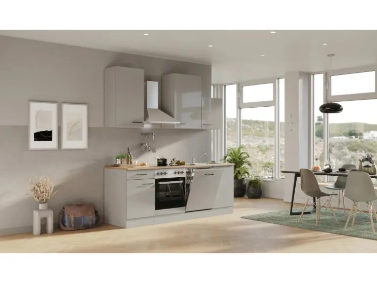 Flex-Well Exclusiv Küchenzeile 1701-016 Lund 220 cm Lichtgrau glänzend-Rauchgrau