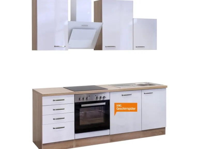 Flex-Well Exclusiv Küchenzeile Valero 220 cm Hochglanz Weiß-Sonoma Eiche