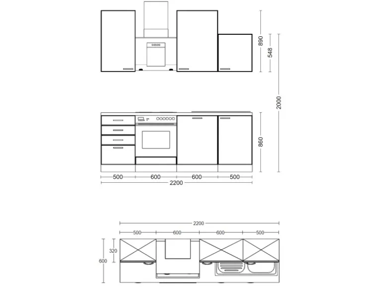Flex-Well Exclusiv Küchenzeile Valero 220 cm Hochglanz Weiß-Sonoma Eiche