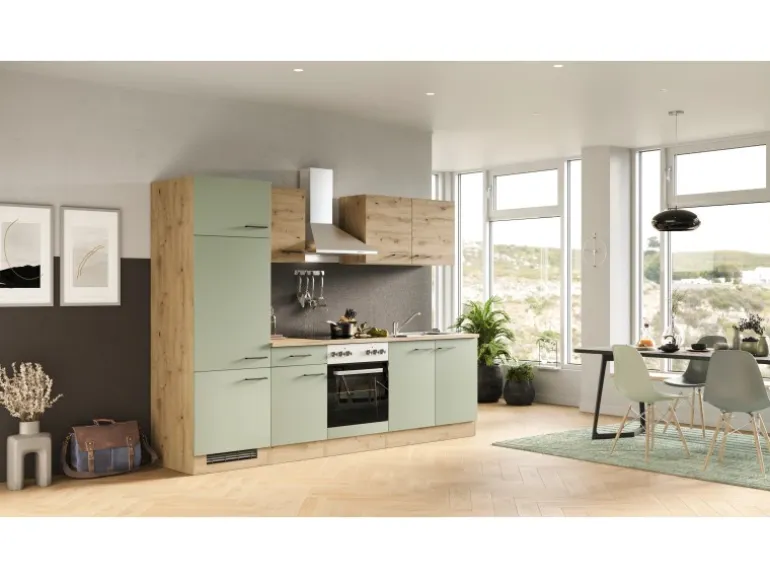 Flex-Well Exclusiv Küchenzeile Cara 270 cm Schilfgrün matt - Artisan Eiche