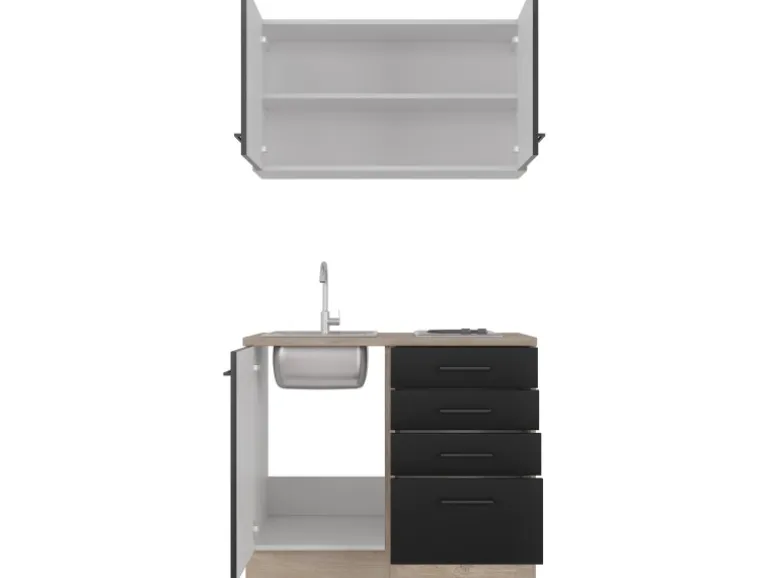 Flex-Well Exclusiv Miniküche Capri 100 cm Schwarz Matt-Endgrain Oak