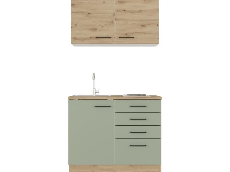 Flex-Well Exclusiv Miniküche Cara 100 cm Schilfgrün matt - Artisan Eiche