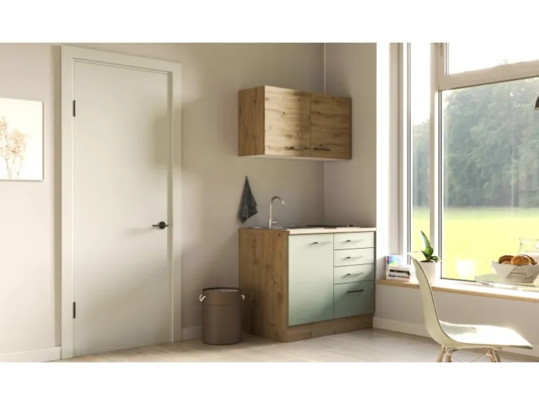Flex-Well Exclusiv Miniküche Cara 100 cm Schilfgrün matt - Artisan Eiche