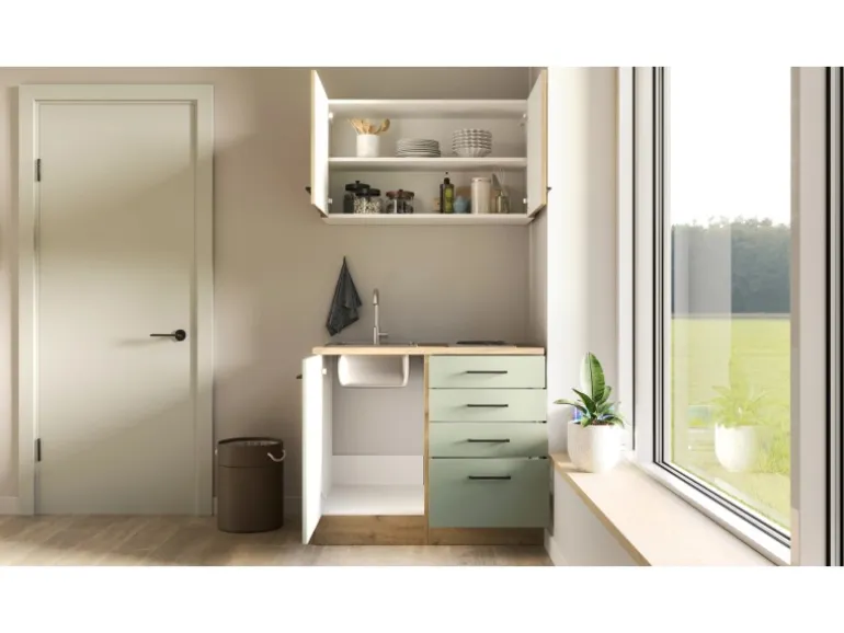Flex-Well Exclusiv Miniküche Cara 100 cm Schilfgrün matt - Artisan Eiche