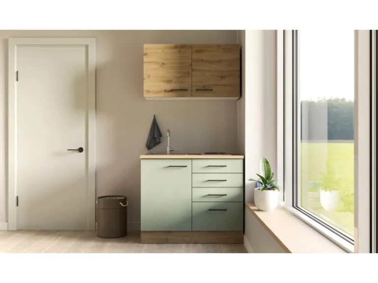 Flex-Well Exclusiv Miniküche Cara 100 cm Schilfgrün matt - Artisan Eiche