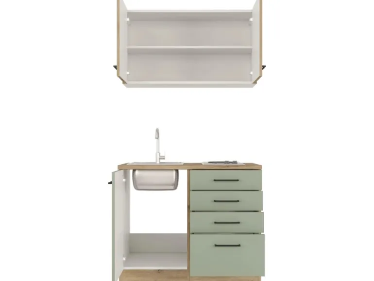 Flex-Well Exclusiv Miniküche Cara 100 cm Schilfgrün matt - Artisan Eiche