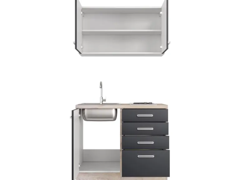Flex-Well Exclusiv Miniküche Lara 100 cm Anthrazit - San Remo Eiche
