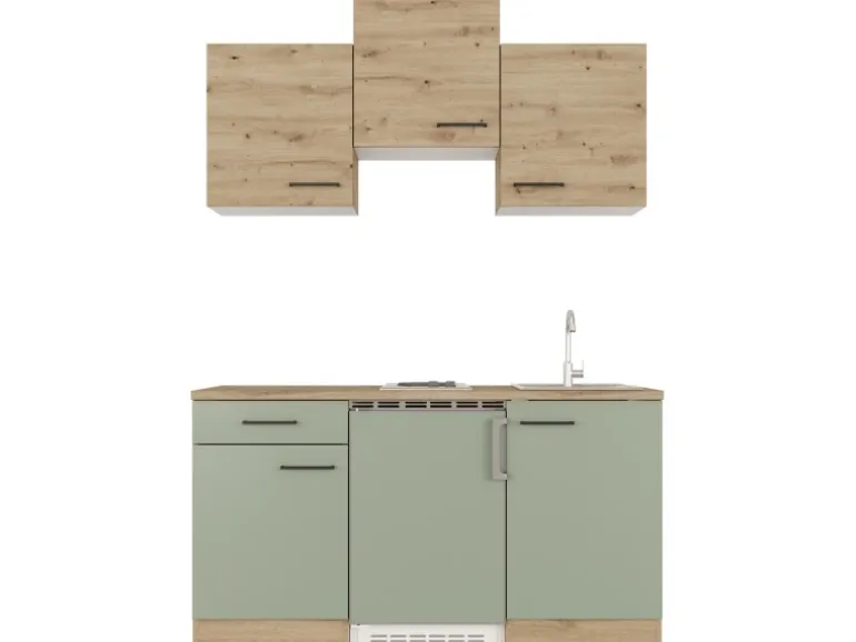 Flex-Well Exclusiv Singleküche Cara 150 cm Schilfgrün matt - Artisan Eiche