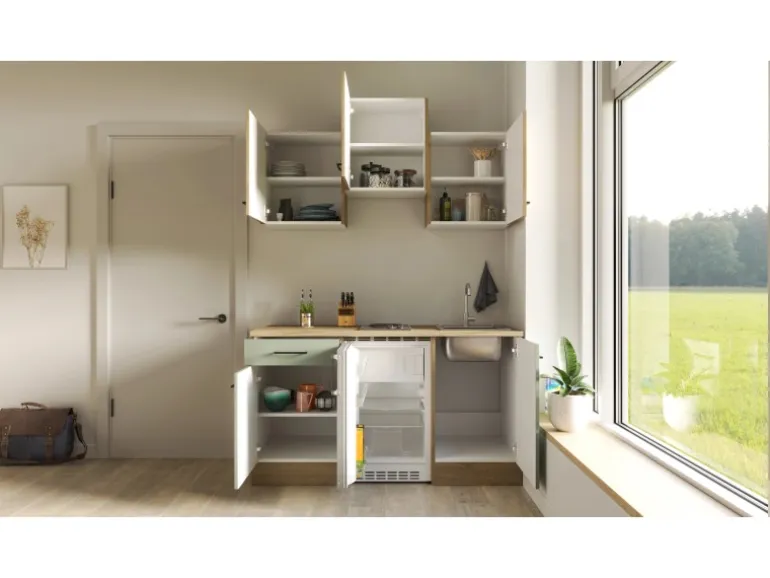Flex-Well Exclusiv Singleküche Cara 150 cm Schilfgrün matt - Artisan Eiche