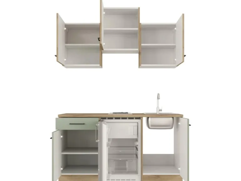 Flex-Well Exclusiv Singleküche Cara 150 cm Schilfgrün matt - Artisan Eiche