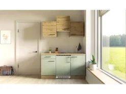Flex-Well Exclusiv Singleküche Cara 150 cm Schilfgrün matt - Artisan Eiche