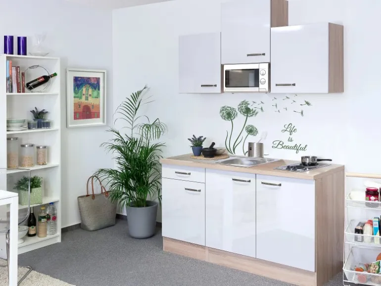 Flex-Well Exclusiv Singleküche Valero 150 cm breit Hochglanz Weiß-Sonoma Eiche