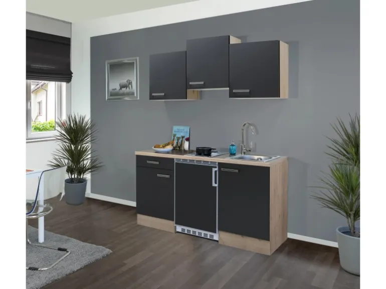 Flex-Well Exclusiv Singleküche Lara 150 cm Anthrazit - San Remo Eiche