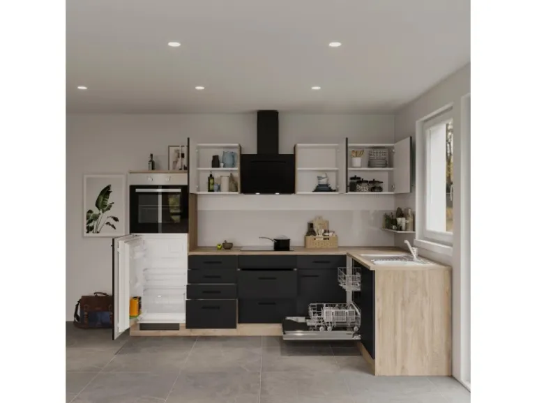 Flex-Well Exclusiv Winkelküche Capri 280 x 170 cm Schwarz Matt-Endgrain Oak
