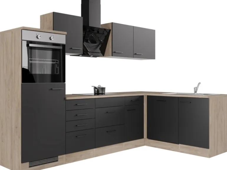 Flex-Well Exclusiv Winkelküche Capri 280 x 170 cm Schwarz Matt-Endgrain Oak
