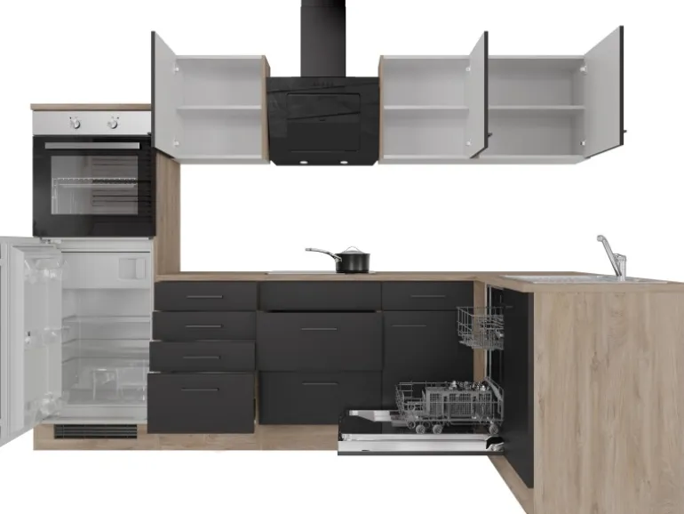 Flex-Well Exclusiv Winkelküche Capri 280 x 170 cm Schwarz Matt-Endgrain Oak