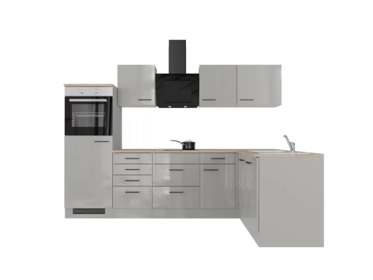 Flex-Well Exclusiv Winkelküche Lund 280 x 170 cm Lichtgrau glänzend-Rauchgrau