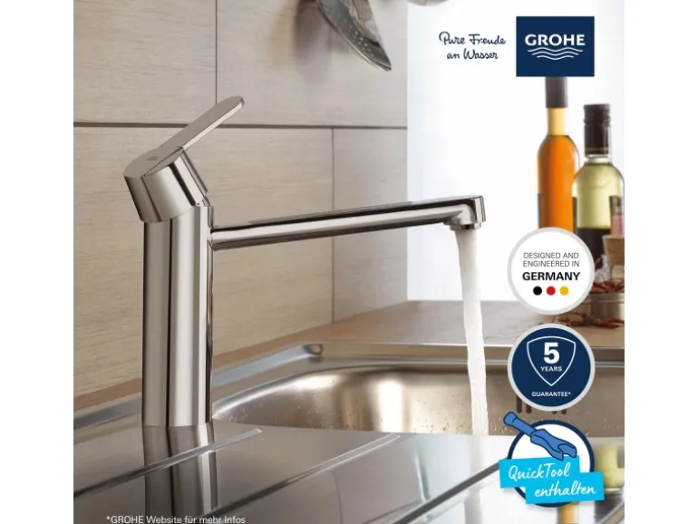Grohe QuickFix Küchenarmatur Get Chrom Niederdruck mit schwenkbarem Rohrauslauf