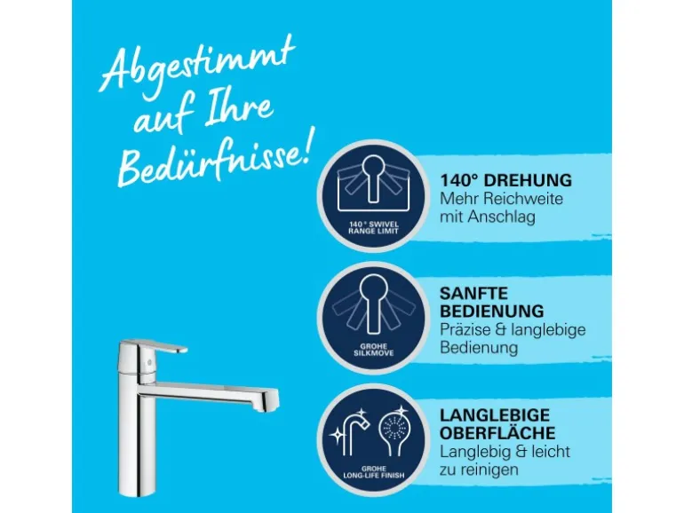 Grohe QuickFix Küchenarmatur Get Chrom Niederdruck mit schwenkbarem Rohrauslauf