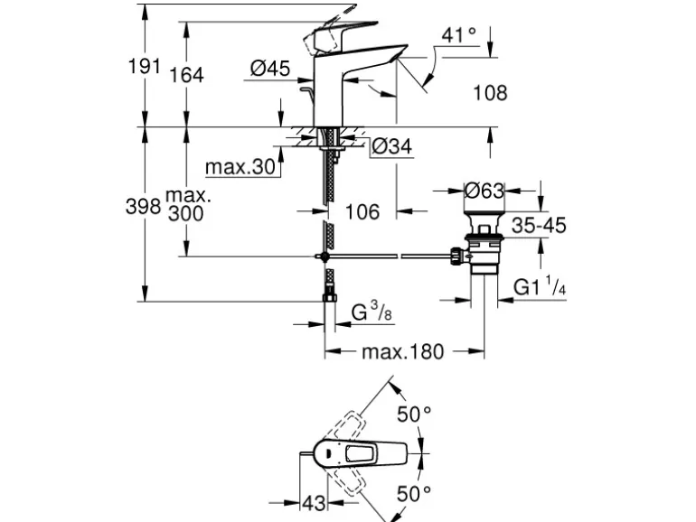 Grohe QuickFix Waschtischarmatur Start Loop M Zugstangen-Ablaufgarnitur 1 1/4"