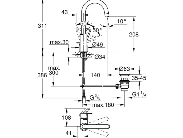 Grohe QuickFix Waschtischarmatur Start Loop L Zugstangen-Ablaufgarnitur 1 1/4"
