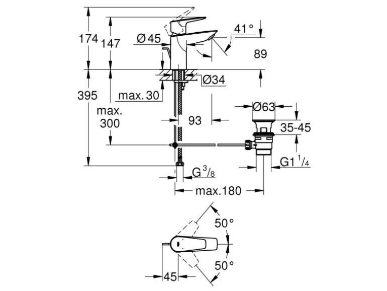 Grohe QuickFix Waschtischarmatur Start Edge S Zugstangen-Ablaufgarnitur 1 1/4"