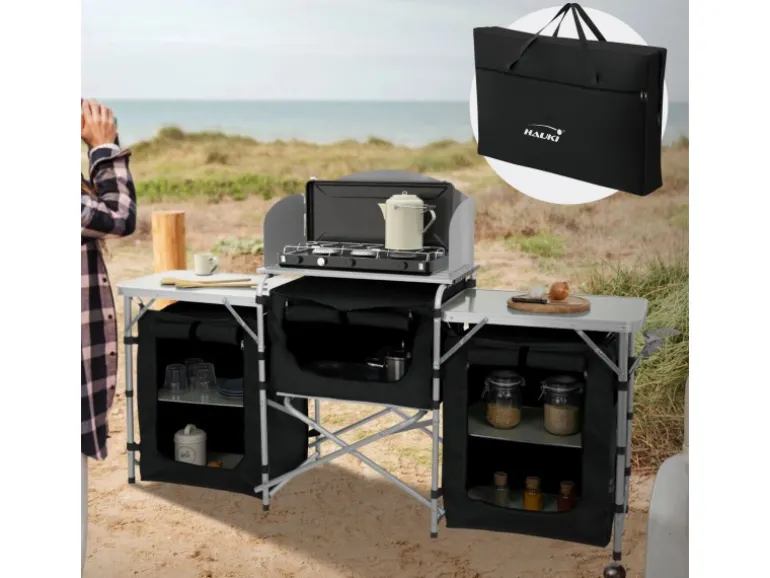 Hauki Camping Küche Schwarz Campingschrank Faltbar mit Tragetasche