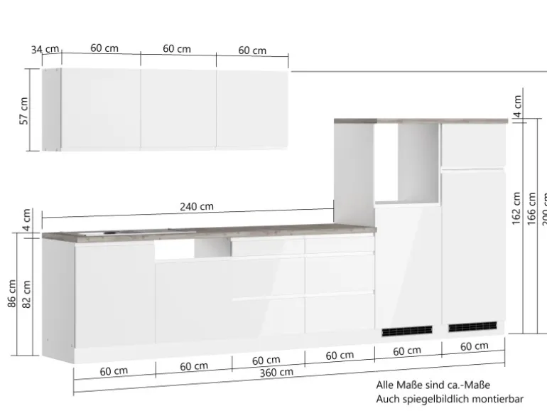 Held Küchen Küchenzeile Gera 360 cm Weiß/Beton ohne E-Geräte