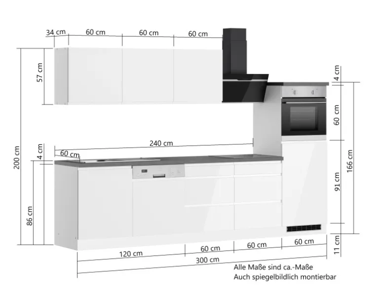 Held Küchen Küchenzeile Gera 300 cm Weiß/Beton mit E-Geräten /autark