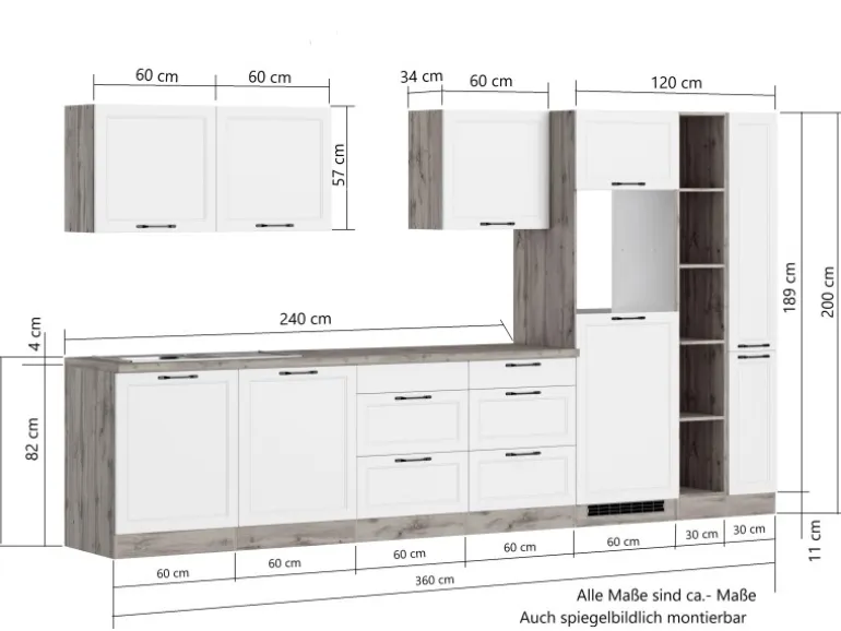 Held Küchen Küchenzeile Kempten 360 cm Weiß/Wotan mit E-Geräte