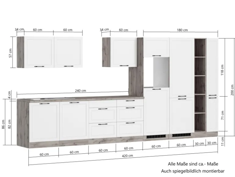 Held Küchen Küchenzeile Kempten 420 cm Grau/Graphit mit E-Geräte
