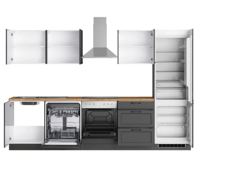 Held Küchen Küchenzeile Kempten 300 cm mit E-Geräten Graphit/Grau