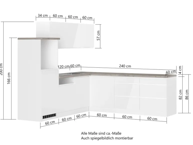 Held Küchen Winkelküche Gera 240 cm Weiß/Wotan ohne E-Geräte /autark
