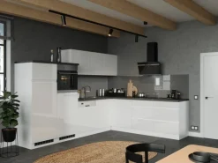 Held Küchen Winkelküche Gera 300 cm Weiß/Beton ohne E-Geräte