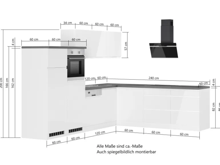 Held Küchen Winkelküche Gera 300 cm Weiß/Beton mit E-Geräten Induktion