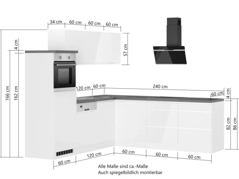 Held Küchen Winkelküche Gera 240 cm Weiß/Beton mit E-Geräten /autark Induktion